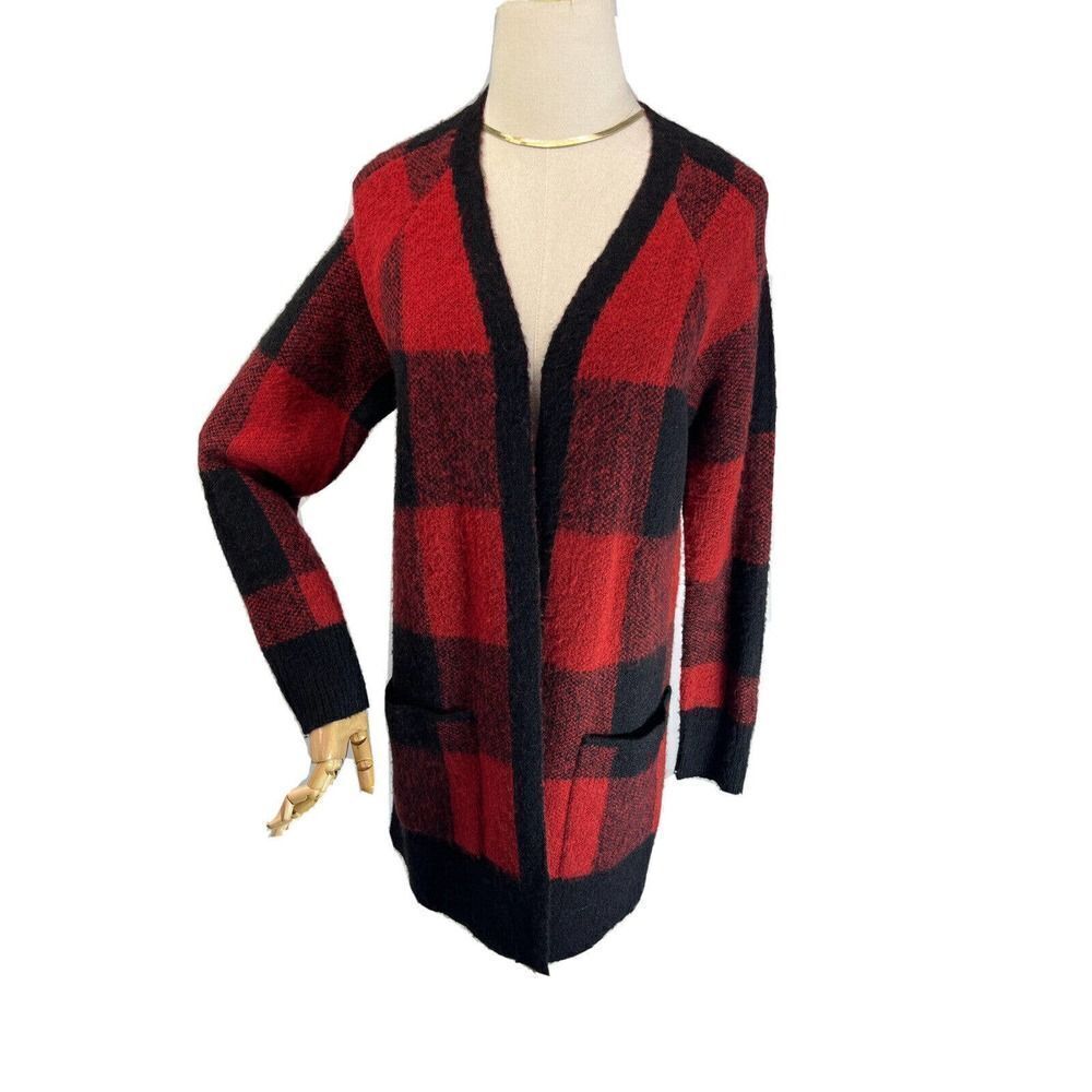 Lucky Brand Cardigan Sweater Size Small Black Red Buffalo Plaid Open Front Mid‎